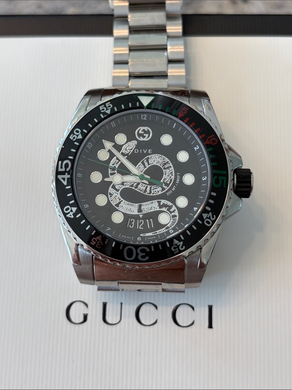 Gucci Silver and Black Dive Watch with Snake Motif